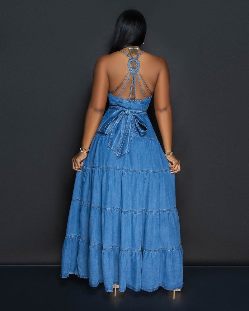 Damenbekleidung Damen Sommer Neue Sexy Mode V-Ausschnitt Hosenträger Rückengurt Jeanskleid Kuchen Langer Rock_voghion.com