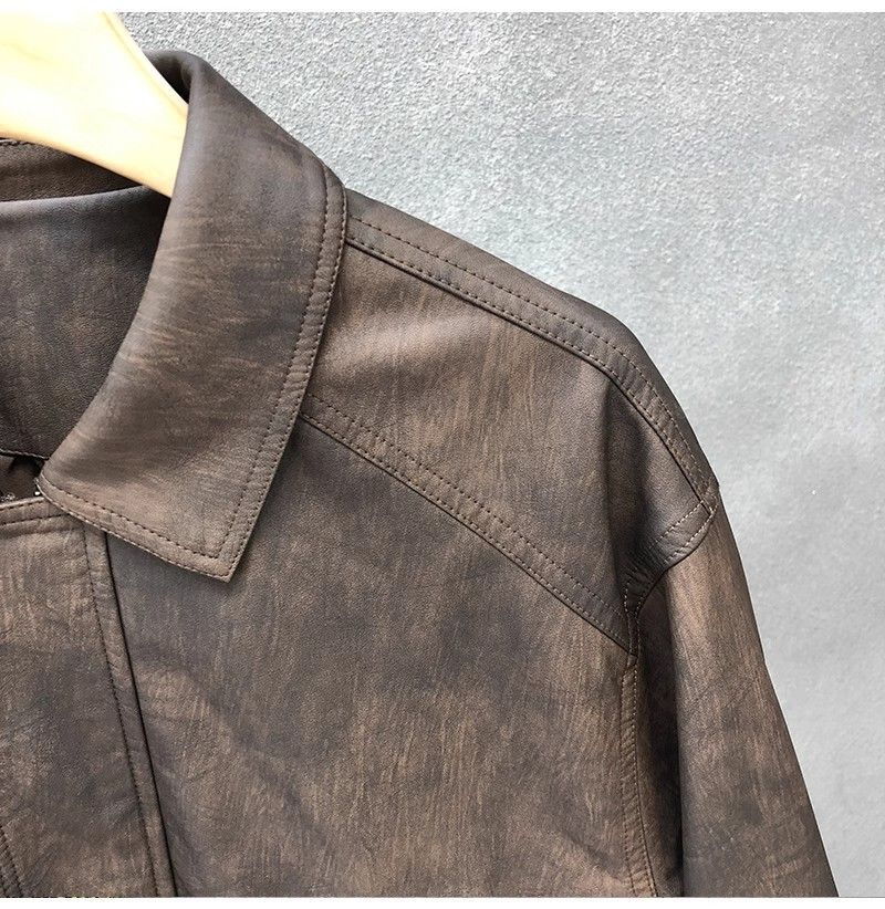 "Men's Retro PU Leather Jacket – Slim-Fit Biker Coat With Stand Collar & Side Pockets (Charcoal/Coffee, L-3XL)"_voghion.com