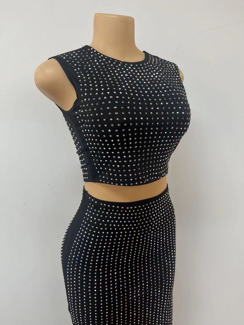 Vêtements pour femmes, hauts courts d'été, jupe mi-longue sexy taille haute fendue sur les hanches, diamant lourd et chaud, deux pièces_voghion.com