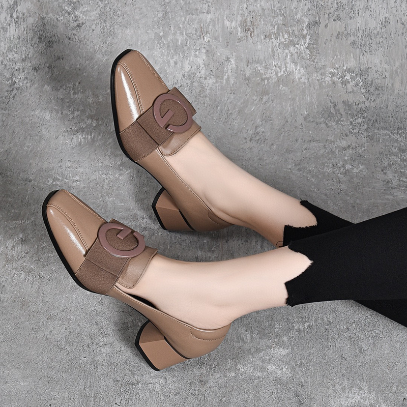 Zapatos de tacón alto, suela gruesa, punta cuadrada, hebilla, capa superior de piel de vaca, primavera 2025_voghion.com