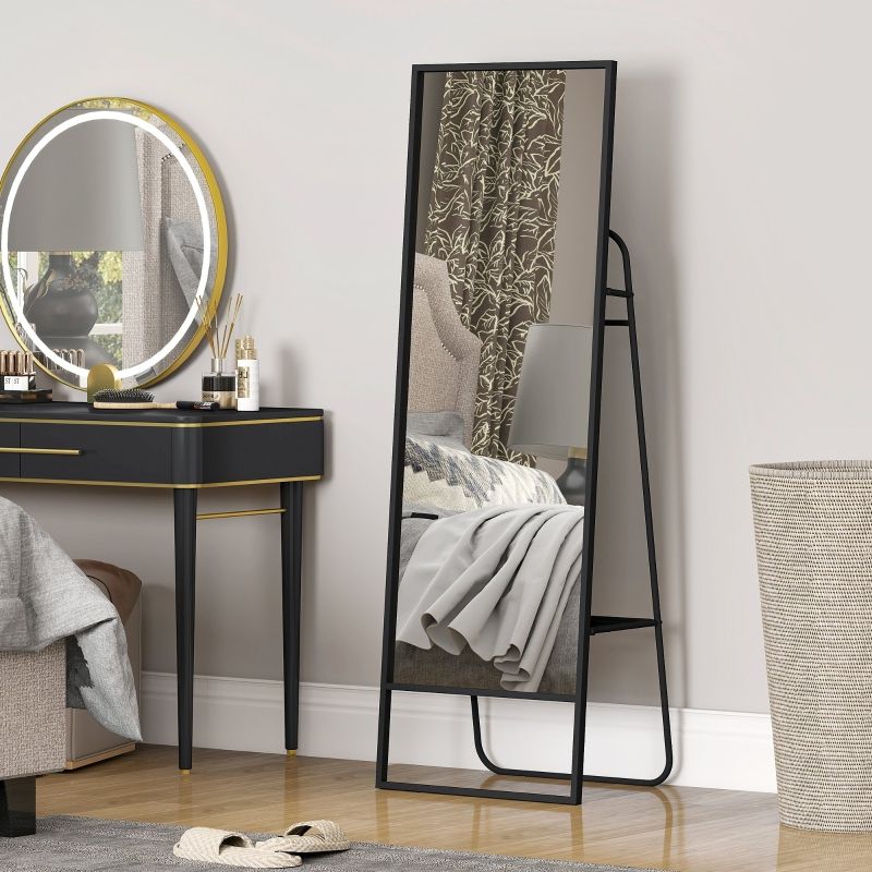 Ganzkörperspiegel Mit Industriellem Design, Hinteres Regal, 2 Haken, Schwarz_voghion.com