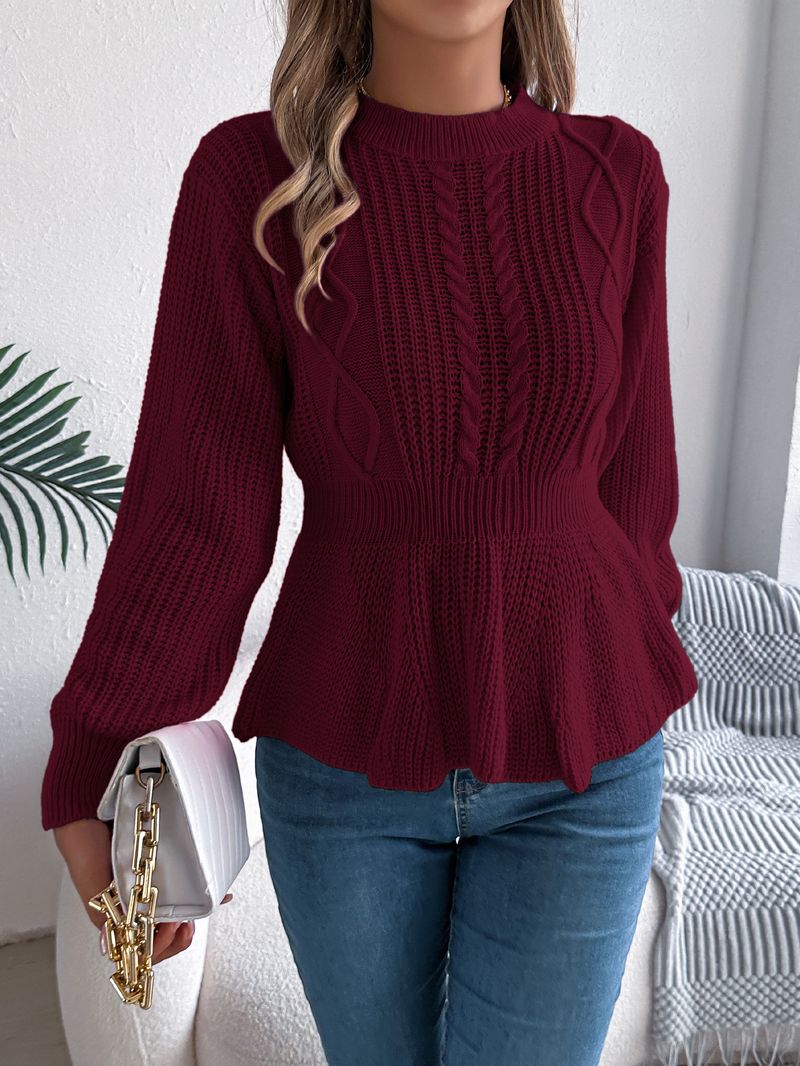 Autumn Winter Solid Color Cable Knit Waist-Cinching Ruffled Long Sleeve Pullover Sweater Women's Fashion_voghion.com