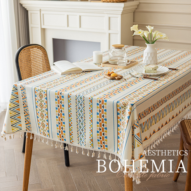 Bohemian tablecloth, cotton and linen, washable fabric, ethnic style, rectangular tassel dining, homestay tablecloth, waterproof and oil resistant_voghion.com