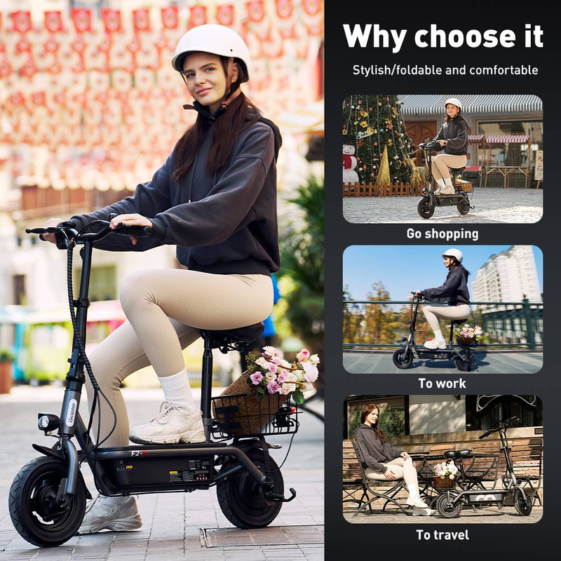 iScooter F2 500W Faltbarer Elektroroller mit Sitz für Erwachsene, 10-Zoll-Pendler-Escooter mit Korb und breiten Pedalen, 36V7.8Ah_voghion.com