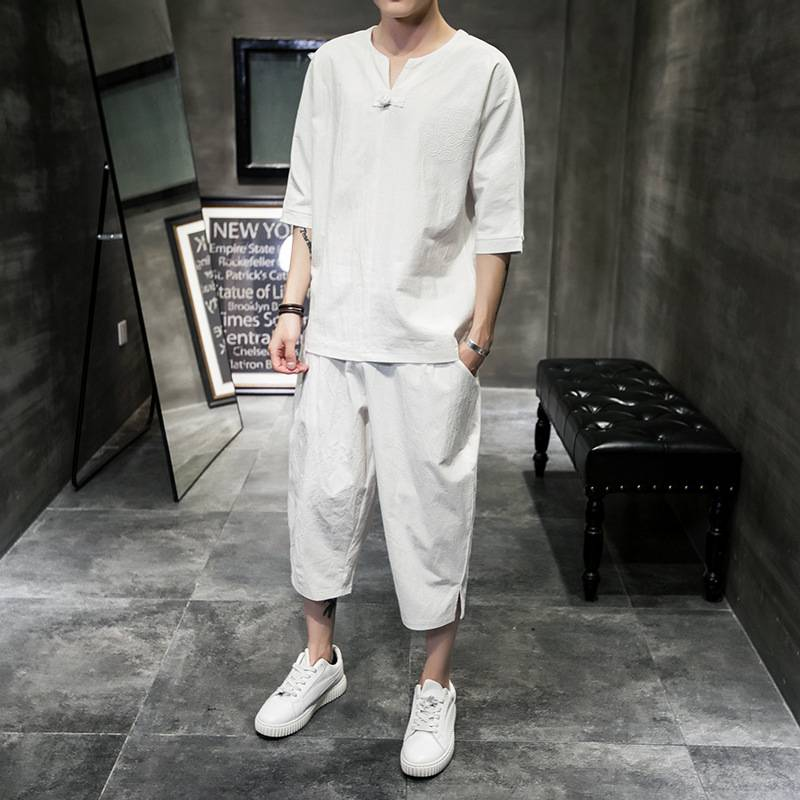 Men's Clothing Men's Cotton And Linen Embroidery Buttoned Large Size Cropped Pants Short Sleeved Suit Summer Linen Set_voghion.com