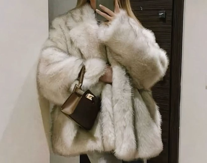 Luxury Faux Fur Coat For Women, Winter Warm Longline Open Front Jacket, Soft Fluffy Cozy Oversized Cardigan, Elegant Streetwear Style (White/Coffe)_voghion.com