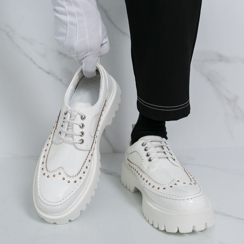 İngiliz Moda Erkek Büyük Baş Siyah Beyaz Renk Bloklu Kalın Taban Yüksek Günlük Erkek Ayakkabıları Bağcıklı İş Ziyafet Düğün Deri Ayakkabılar_voghion.com