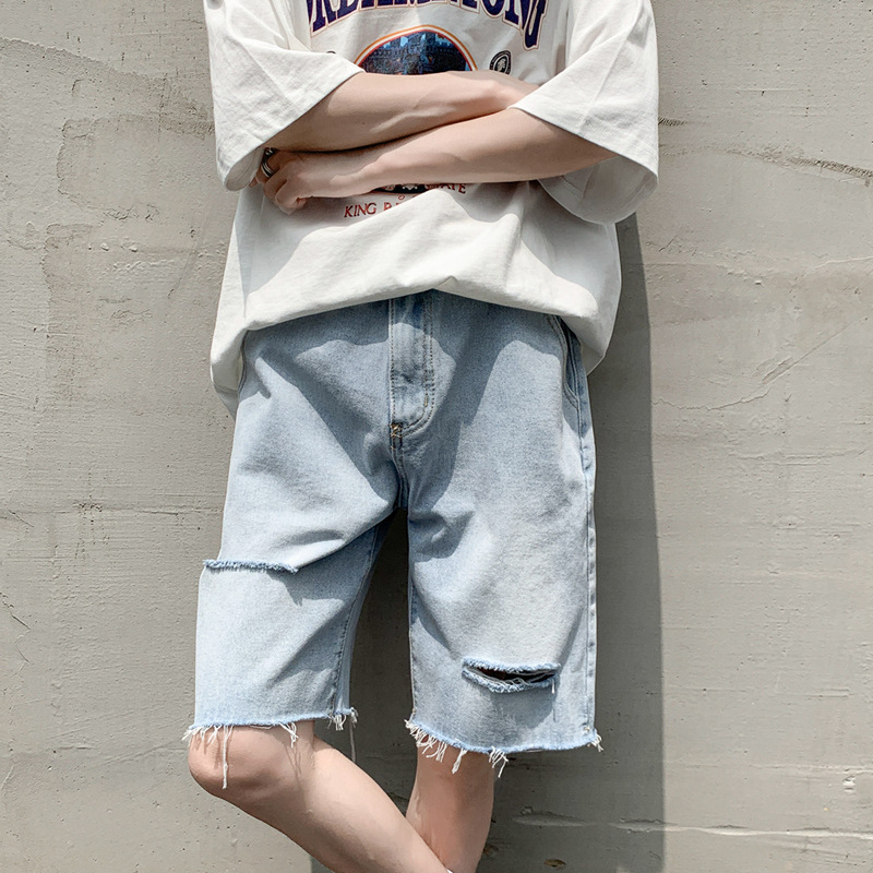 Perforierte Jeansshorts für Herren, dünn, gewaschen und locker, amerikanisches Modelabel-Design, mit Plüschrand und fünfzackiger Mittelhose_voghion.com