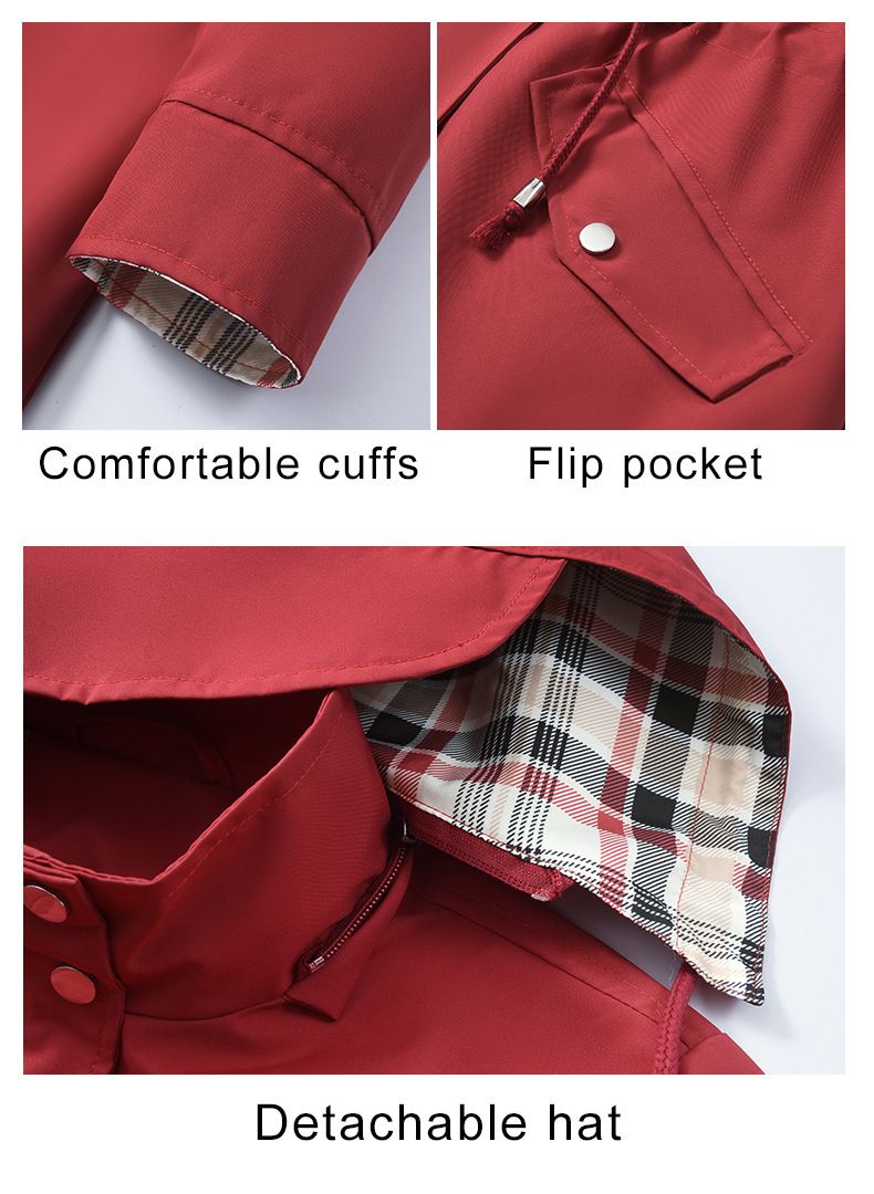 Wasserdichter Trenchcoat mit Kapuze für Damen – Slim Fit-Windbreaker mit kariertem Futter und Kordelzug in der Taille (7 Farben, Übergröße erhältlich)_voghion.com