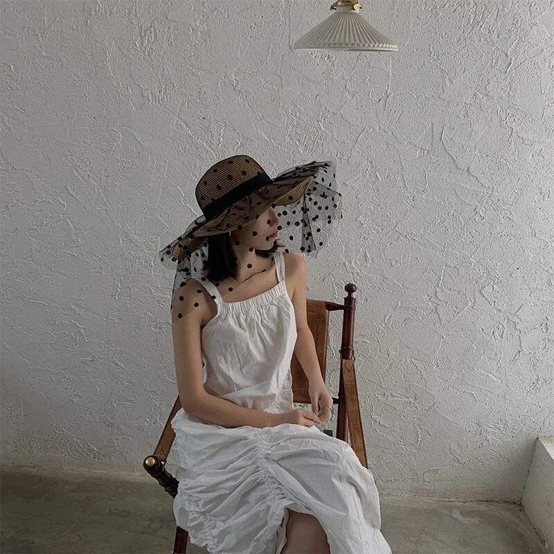 Sombreros de paja de verano con encaje de malla para mujer, clásicos, elegantes, con lunares, de ala ancha, para playa, plegables, con protección UV, Panamá_voghion.com