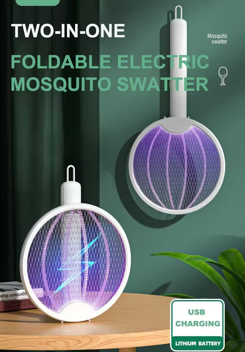 Folding Mosquito Swatter 2 in 1, Mosquito Trap Light and Racket, USB Rechargeable Electric Fly Swatter for Home and Outdoor_voghion.com