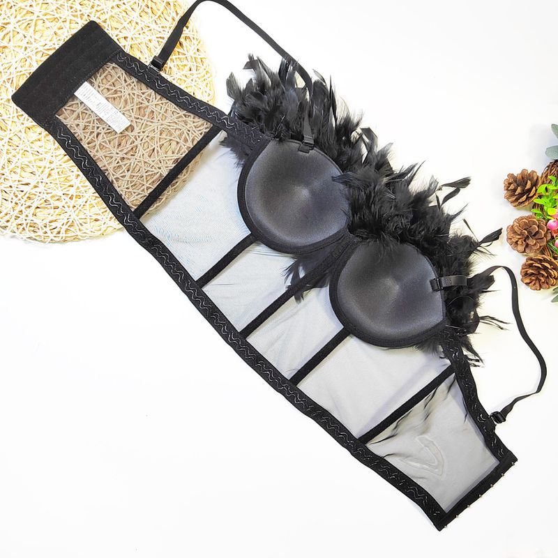Chicken Feather Stitching Organza Sling Cross-border Sexy Perspective Mesh Strapless Outer Wear Short Fishbone Bra_voghion.com