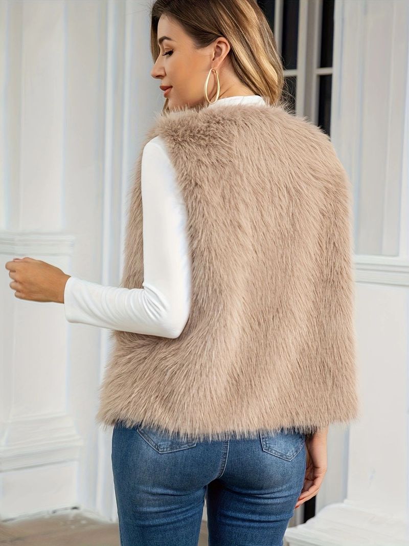 Women's Clothing Women's Solid Faux Fur Vest Sleeveless Winter Coat Non-Stretch Button Front Vest W0125_voghion.com