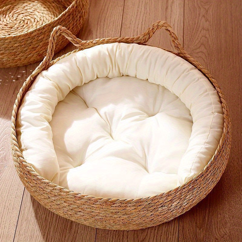 Coussin en peluche tissé confortable pour lit de chat, coussin de sommeil profond, coussin de chenil rond tissé à la main pour animaux de compagnie, panier de nid de couchage avec oreiller pour l'intérieur_voghion.com