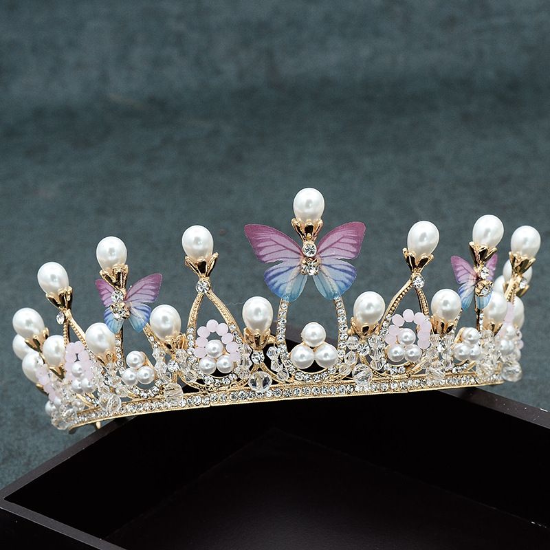 Colorful butterfly pearl tiara bridal crown children's performance hair accessories birthday party crown handmade bridal jewelry_voghion.com