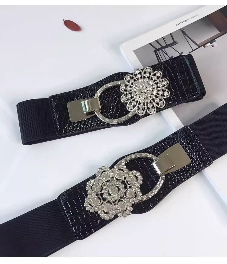 Einfacher, vielseitiger, mit Strass verzierter, elastischer, breiter Gürtel für Damenmode_voghion.com