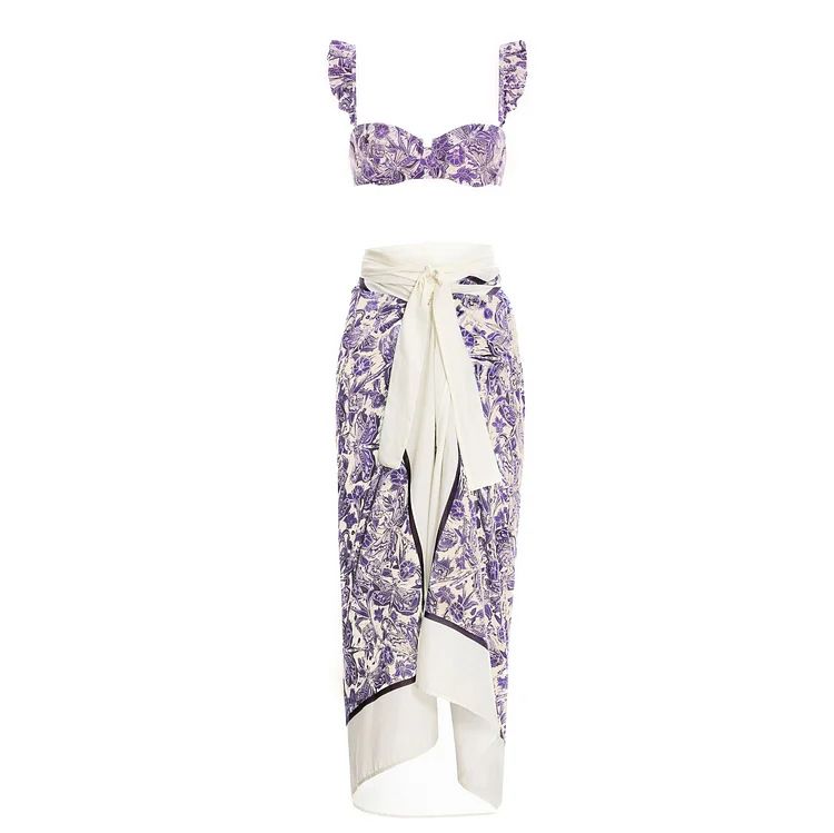 Traje de baño de una pieza con estampado de libélula púrpura hueco con cordón en la cintura de nuevo estilo para mujer y traje de falda cruzada estilo popular_voghion.com