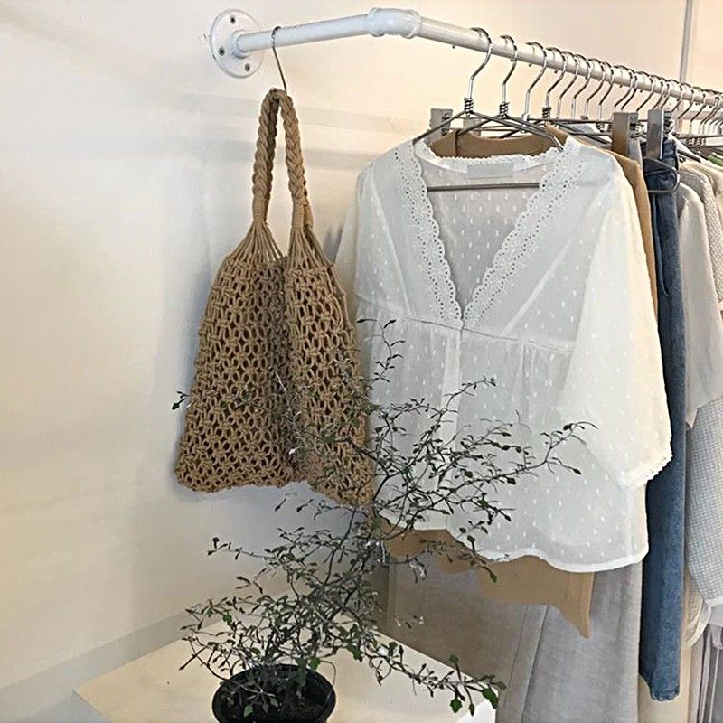 Borsa da donna a rete per pesci da spiaggia in rete per vacanze in erba francese intrecciata rossa con una spalla vuota per Instagram_voghion.com