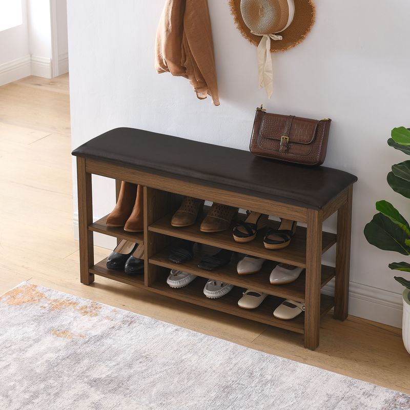 A Height-adjustable Long Shoe-changing Bench,made Of Natural Rubberwood,comes With A Comfortable Seat,concealed Storage Space And Large Storage Compartments. Features Natural Wood Grain.Brown_voghion.com