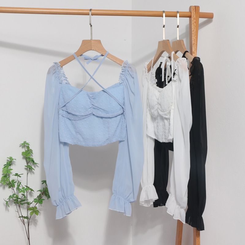 Blusa corta con cuello cuadrado y hombros descubiertos, primavera 2023, nueva blusa de manga larga con cuello halter y lazo para mujer 8876_voghion.com