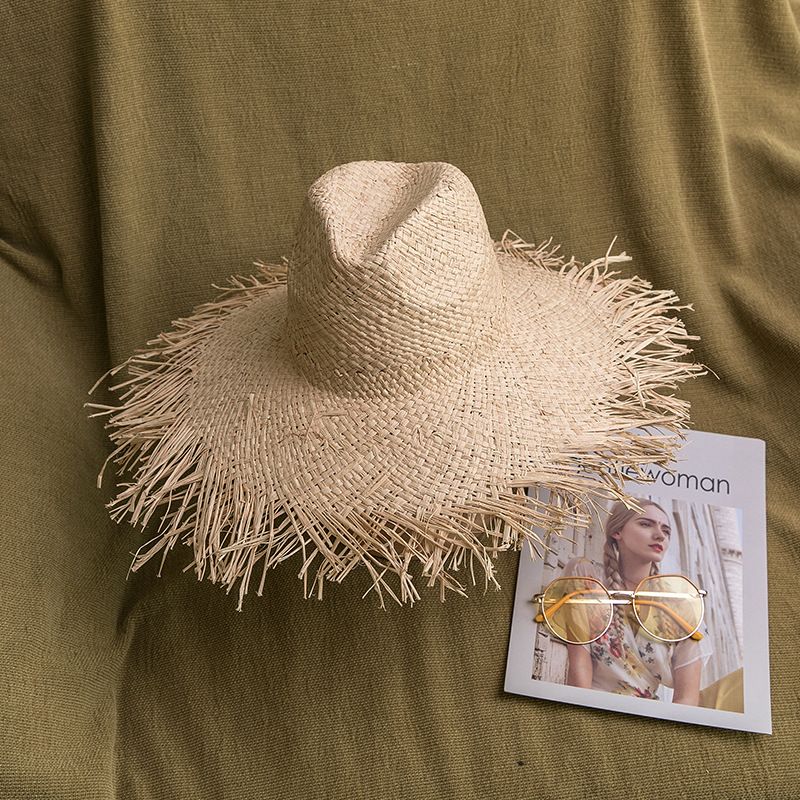 Hot Sale New Summer Wacation Natural Lafite Women's Handmade Woven Beach Straw Hat Tassel Splicing Design_voghion.com