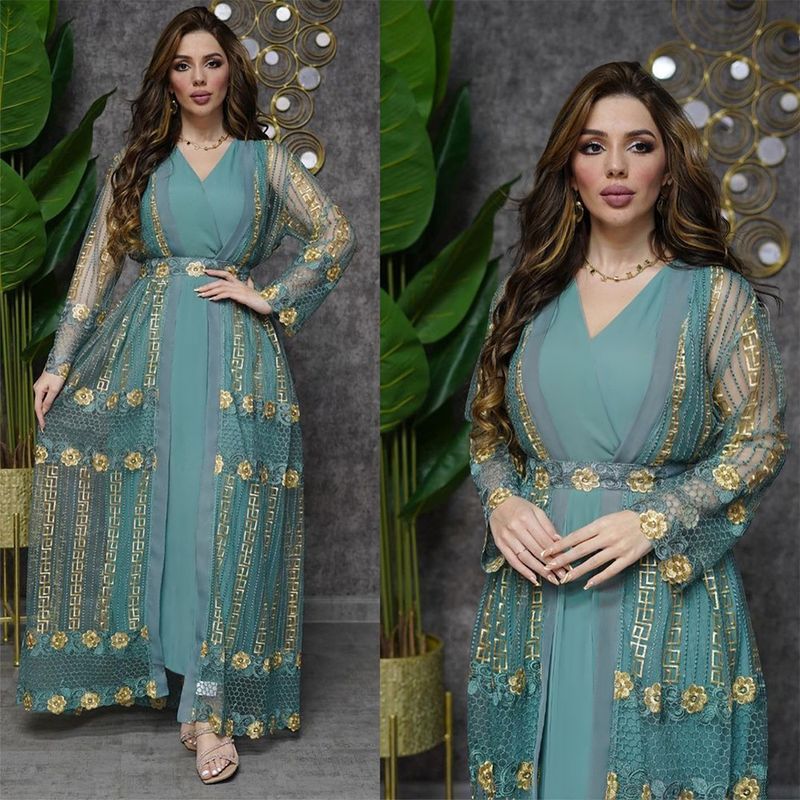 New Muslim Embroidered Mesh Jacket With Chiffon Vest Skirt Suit Kaftan Dress_voghion.com