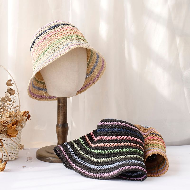 Újdonságok 2024 Női szalmakalap horgolt csíkos szivárványos UV védelemmel ellátott napellenző strandsapkák női nyári kalap sapka_voghion.com