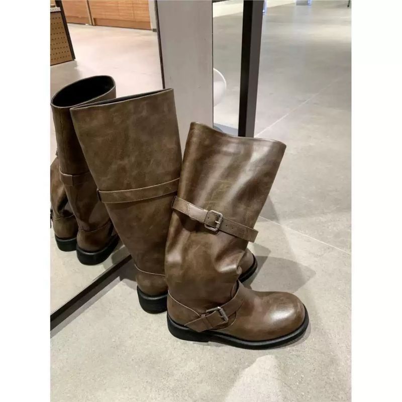 Rindsleder-Version ~ Koreanischer Stil, breite Schuhe aus echtem Leder, Sohle, hoher Flor, dicker Absatz, lange Röhren-Ritterstiefel für Damen_voghion.com