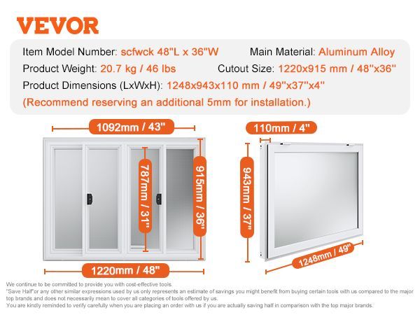 VEVOR Concession Window 48"x36", Aluminum Alloy Food Truck Service Window With 4 Horizontal Sliding Windows & Awning Door & Drag Hook, Up To 85 Degrees Serving Window For Food Truck Concession Trailer_voghion.com