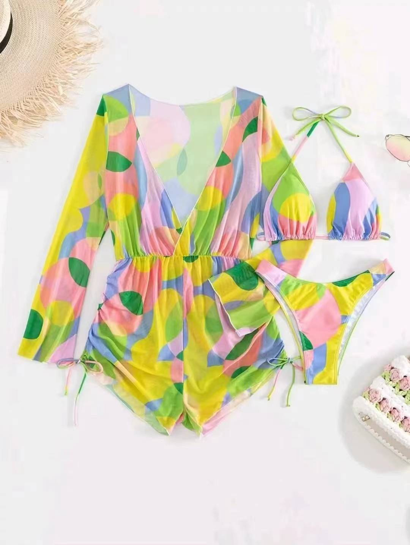 Traje de baño europeo nuevo de tres piezas 2024 Bikini de mujer Bikini de una pieza con manga larga y parte superior de malla_voghion.com