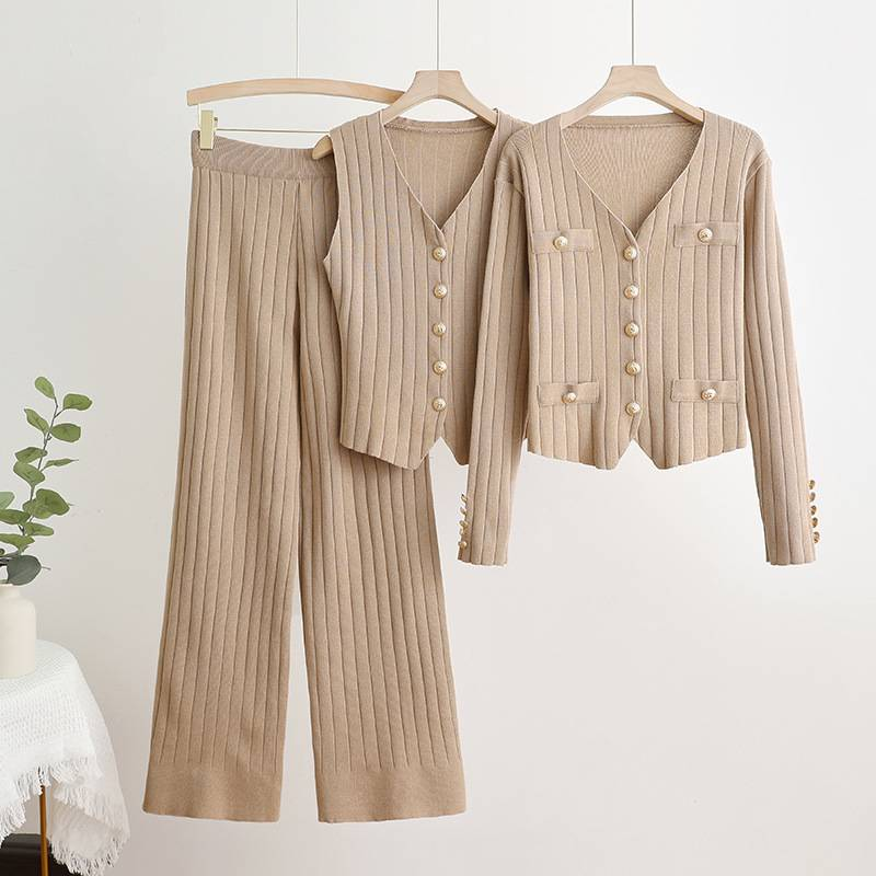 Damenbekleidung, langärmelig, V-Ausschnitt, einreihige Strickjacke, dreiteilige Weste, hohe Taille, gerade Hose mit weitem Bein_voghion.com