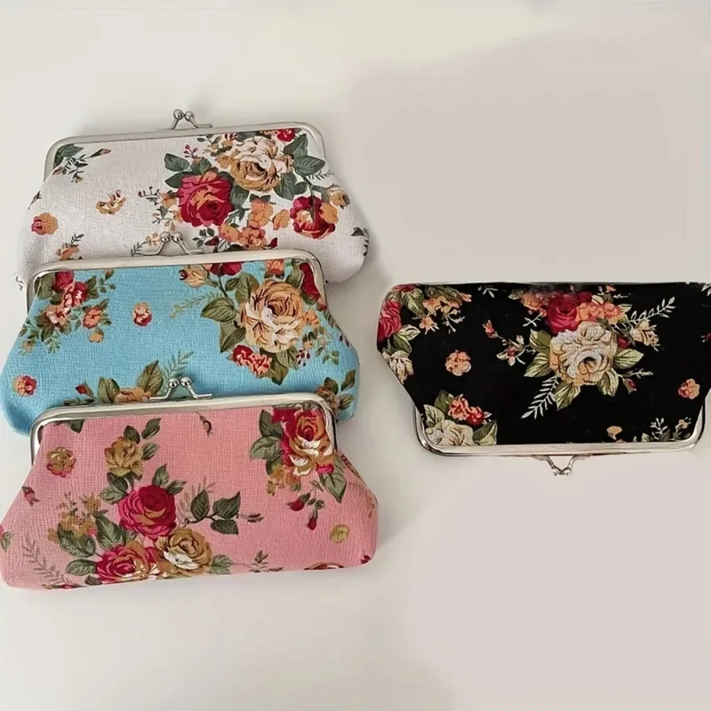 Damen-Geldbörse aus Canvas mit großem Rosenmuster, Null-Münzen-Geldbörse mit zwei Metallknöpfen, Münzfach, Schlüssel, Kreditkartenhalter, Handyhülle, Brieftasche_voghion.com