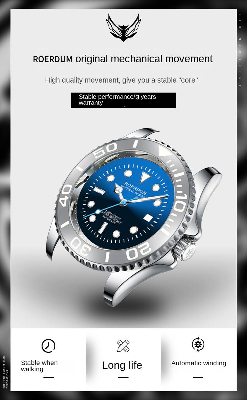 ROERDUM Phantom King Series - Bracciale in acciaio inossidabile, quadrante blu, display luminoso, orologio meccanico da uomo classico ed elegante_voghion.com