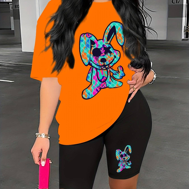 Women’s 2 Piece Outfit Set – Oversized Graphic T-Shirt And Biker Shorts Matching Set, Casual Summer Lounge Tracksuit For Daily Wear_voghion.com