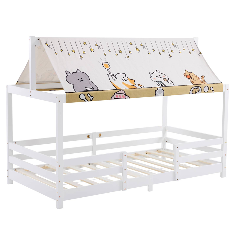 Kinderbett mit Baldachin-Dach, weiß lackiertes Kiefernholz, Spielhaus-Design, sichere Geländer, ideal für Schlafzimmer/Kinderzimmer, einfache Montage_voghion.com