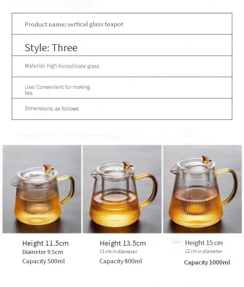 Hand-Painted Striped Glass Teapot With Bamboo Tray - Japanese Minimalist Style Heat-Resistant Tea Brewer (500ml/800ml/1000ml)_voghion.com