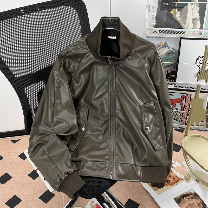 "Herren-Bomberjacke in Vintage-Braun in Lederoptik – Übergroßer Distressed-Bikermantel mit Stehkragen (M-3XL, Schwarz/Braun)"_voghion.com