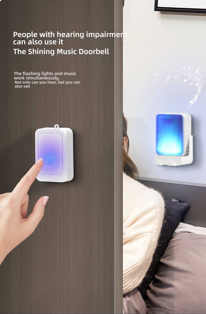 Timbre inalámbrico con control remoto: 28 melodías, alcance de 50 m, LED intermitente para personas con discapacidad auditiva (pilas, blanco, 1 botón + 1 receptor)_voghion.com