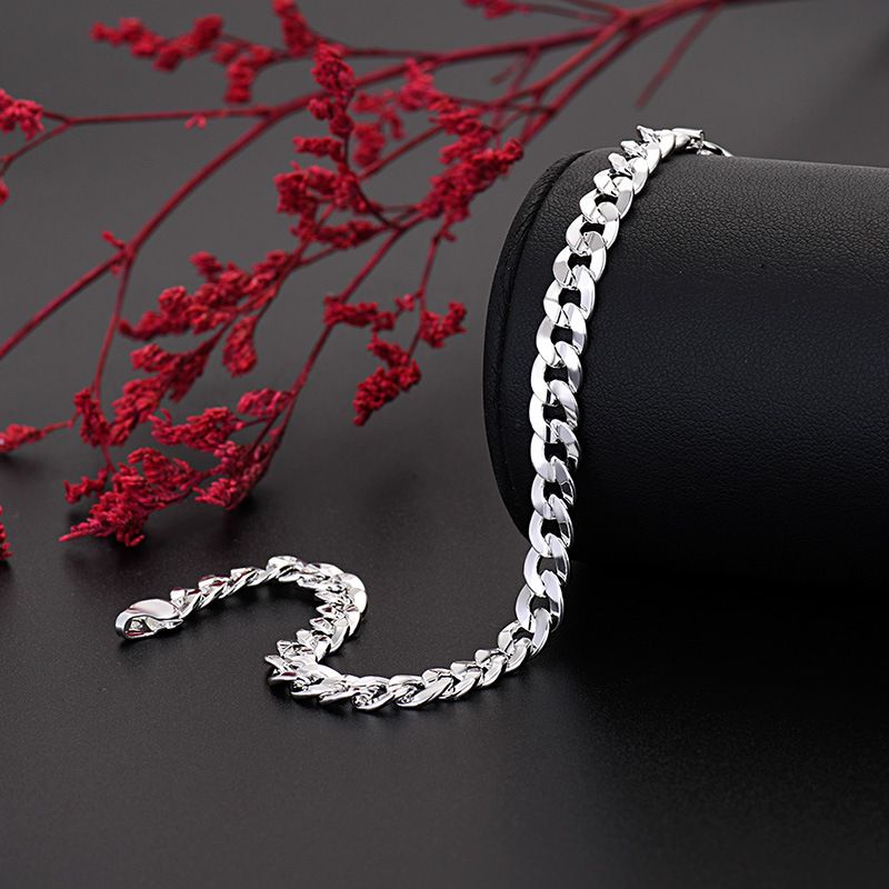 Jewelry Copper Silver Plated Men's And Women's 7MM Side Concave Carved Bracelet Cuban Chain_voghion.com