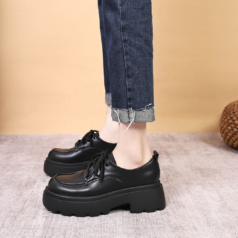 Emexiang Scarpe da donna in pelle con suola spessa e rialzo in stile britannico, 6 cm, mocassini con lacci neri per l'autunno e_voghion.com
