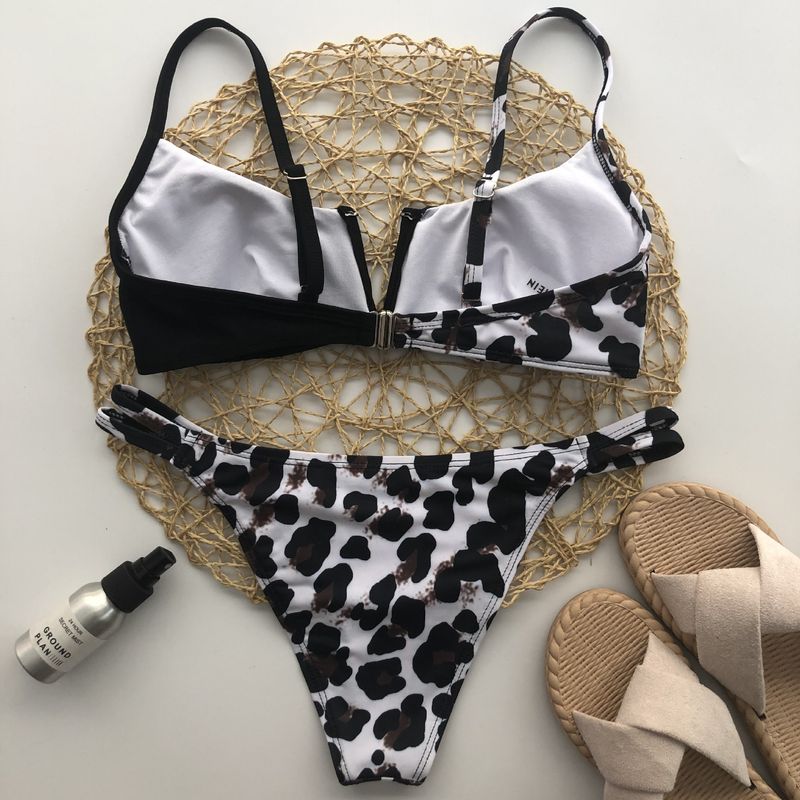 Women's black leopard print deep V steel support sexy split triangle bikini_voghion.com