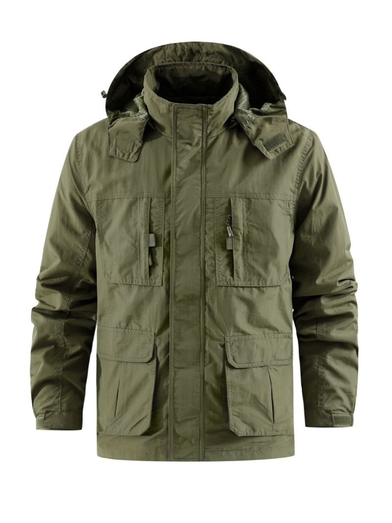 Men's Detachable Hood Jacket – Lightweight Nylon, Multi-Pocket Design, Relaxed Fit (M-5XL, Black/Khaki/Army Green, Stand Collar)_voghion.com