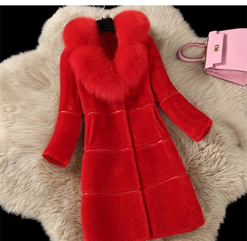 Women's Cashmere Splicing Fur One Medium Length Imitation Fox Fur Collar Coat Fur Coat_voghion.com