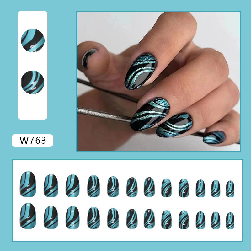 Aurora Blue Wave Pattern Testa tonda ovale Falso stile Instagram Ragazza piccante Bellezza Dolce e fresco unghie da indossare_voghion.com