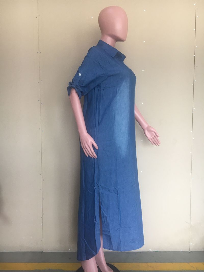 Vestido largo suelto de una pieza de mezclilla con lavado a la moda para mujer_voghion.com