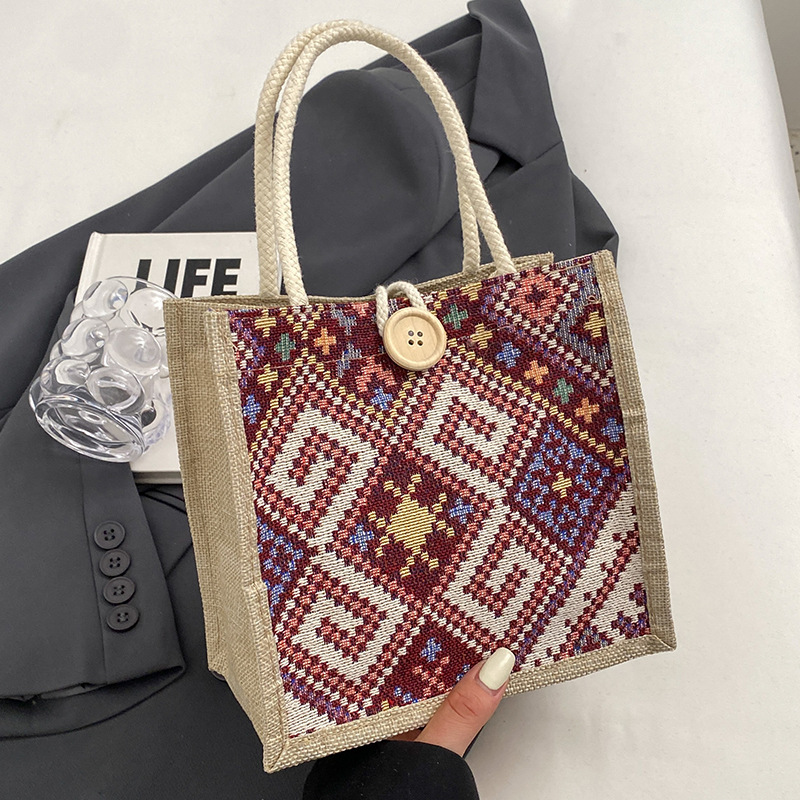 Borsa da viaggio in tela in stile etnico per donna, estiva, nuova moda, da portare a mano all'aperto, in lino, per il pranzo, per la mamma_voghion.com