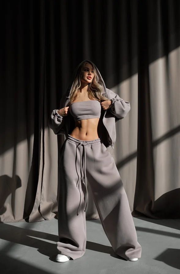 Women's Clothing Women's Casual Hoodie & Drawstring Pants Set - Long Sleeve Zip-Up Sweatshirt & Relaxed Fit Joggers (Black, Khaki, Gray)_voghion.com