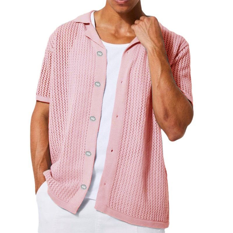 Herrenbekleidung Herren Casual Strickjacke Sommer Cool Hollow Kurzarm Herrenhemd Einfarbig Herrenoberteile_voghion.com