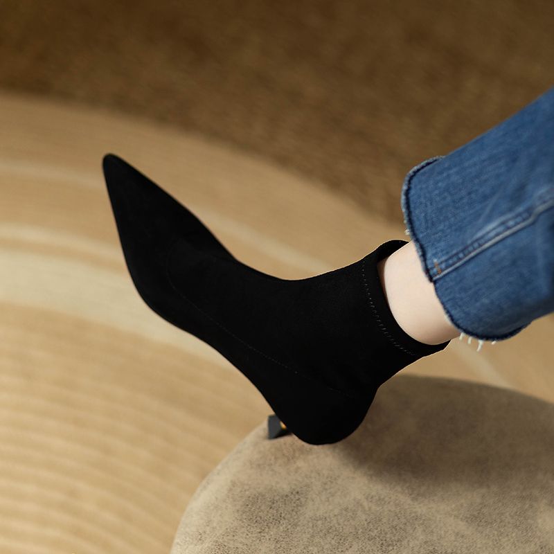 2023 French Style Kitten Heel Booties Women's New Suede Pointed Toe Stretch Thin Work Clothing Stiletto Mid-Heel Ankle_voghion.com