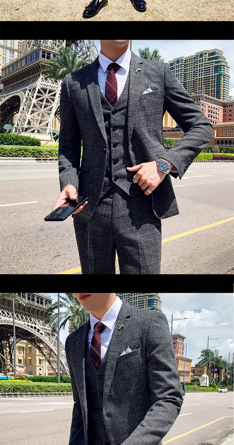 Men's Three-piece Suit Korean Style British Slim Plaid Wedding Casual Three-piece Suit_voghion.com